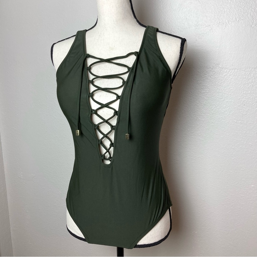 Low Back Olive Green Lace Front Swimsuit Plunging Neckline Fuller Coverage